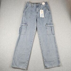 Simple Society Womens Light Wash Cargo Jeans Elastic Waist Size 7 28